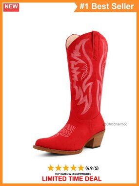 Women's Faux Suede Mid Calf Cowboy Boots Chunky Block Heel Western Pointed Toe